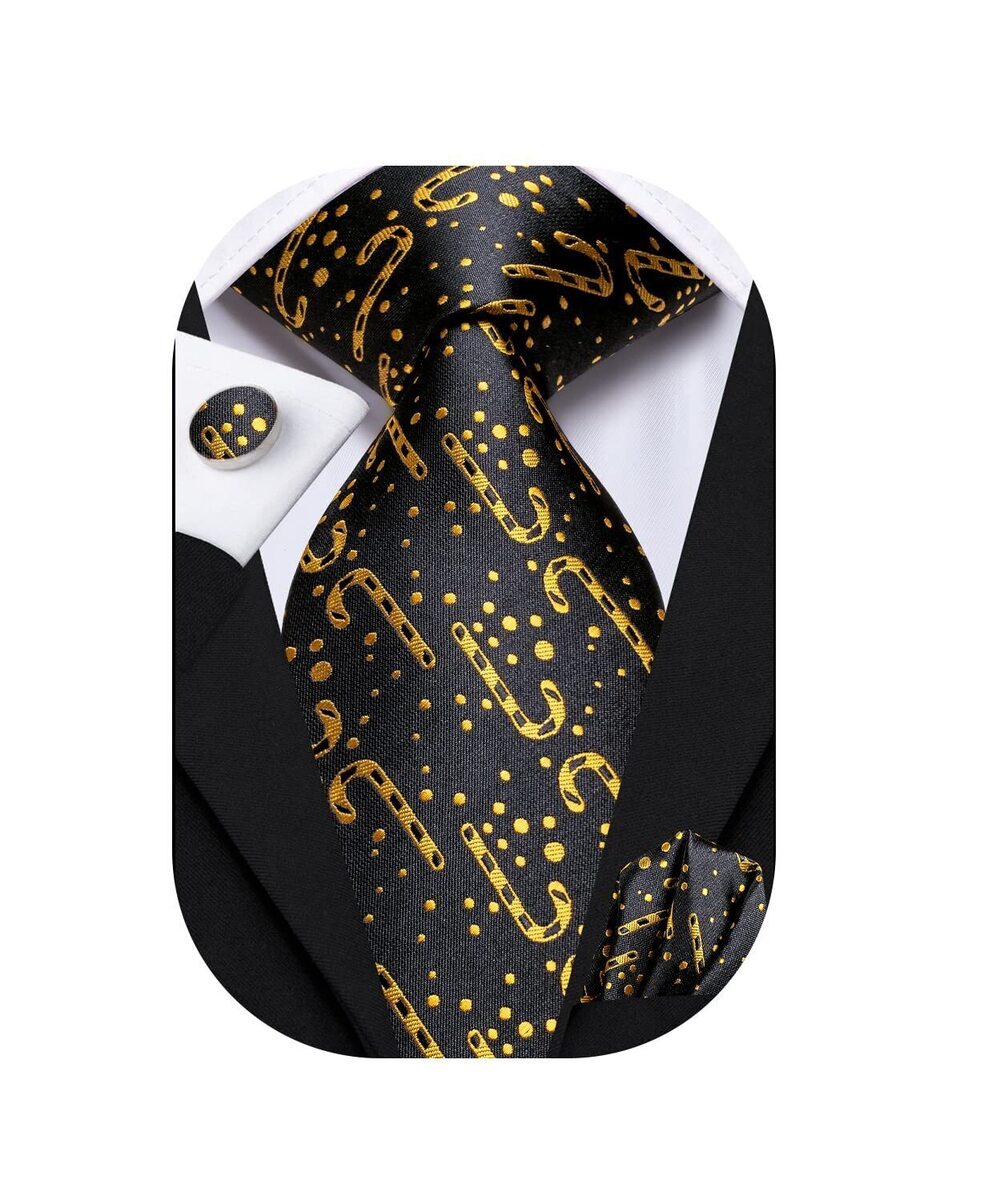 1707 Black Gold Christmas Tie Set Silk Candy Cane Necktie Pocket Square